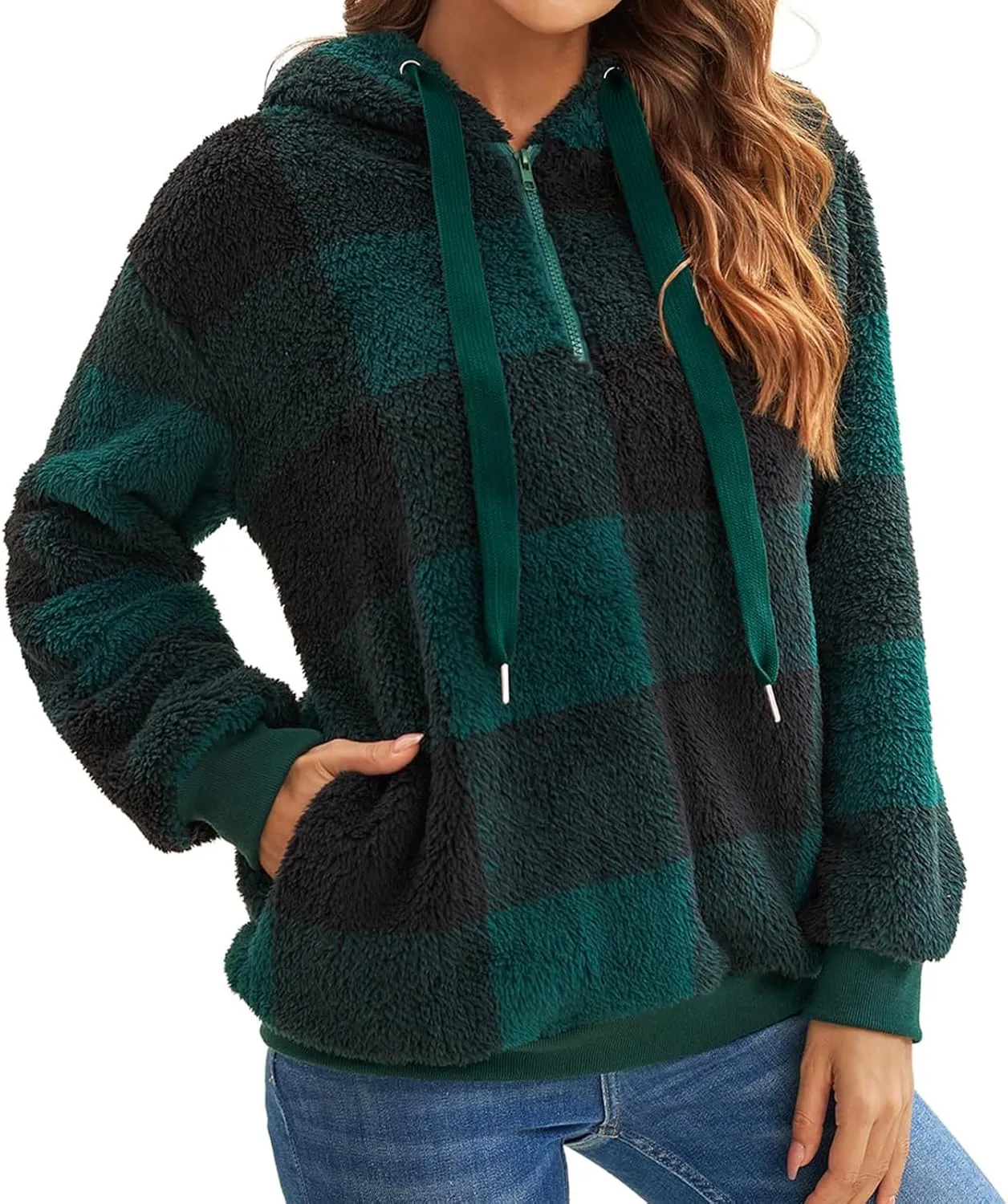Womens Sherpa Pullover Hoodie Fleece Quarter Zip Sweatshirt Buffalo Plaid Fluffy Coat Outwear