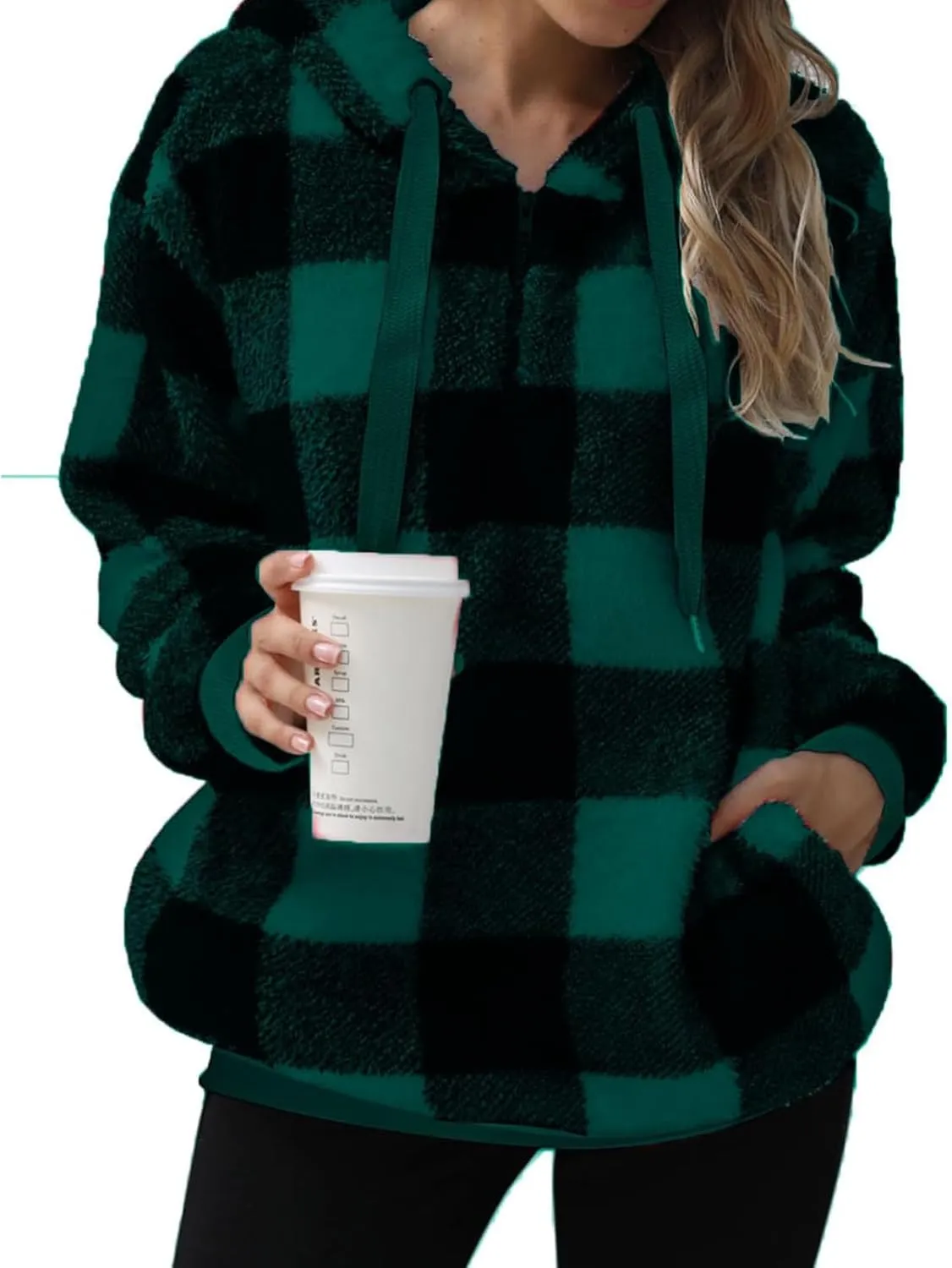 Womens Sherpa Pullover Hoodie Fleece Quarter Zip Sweatshirt Buffalo Plaid Fluffy Coat Outwear