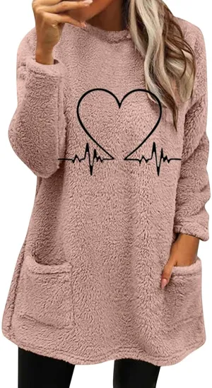 Women's Sherpa Sweatshirts Pockets Casual Pullover Sweaters Long Sleeve Heart Printed Coral Fleece Warm Winter Tops