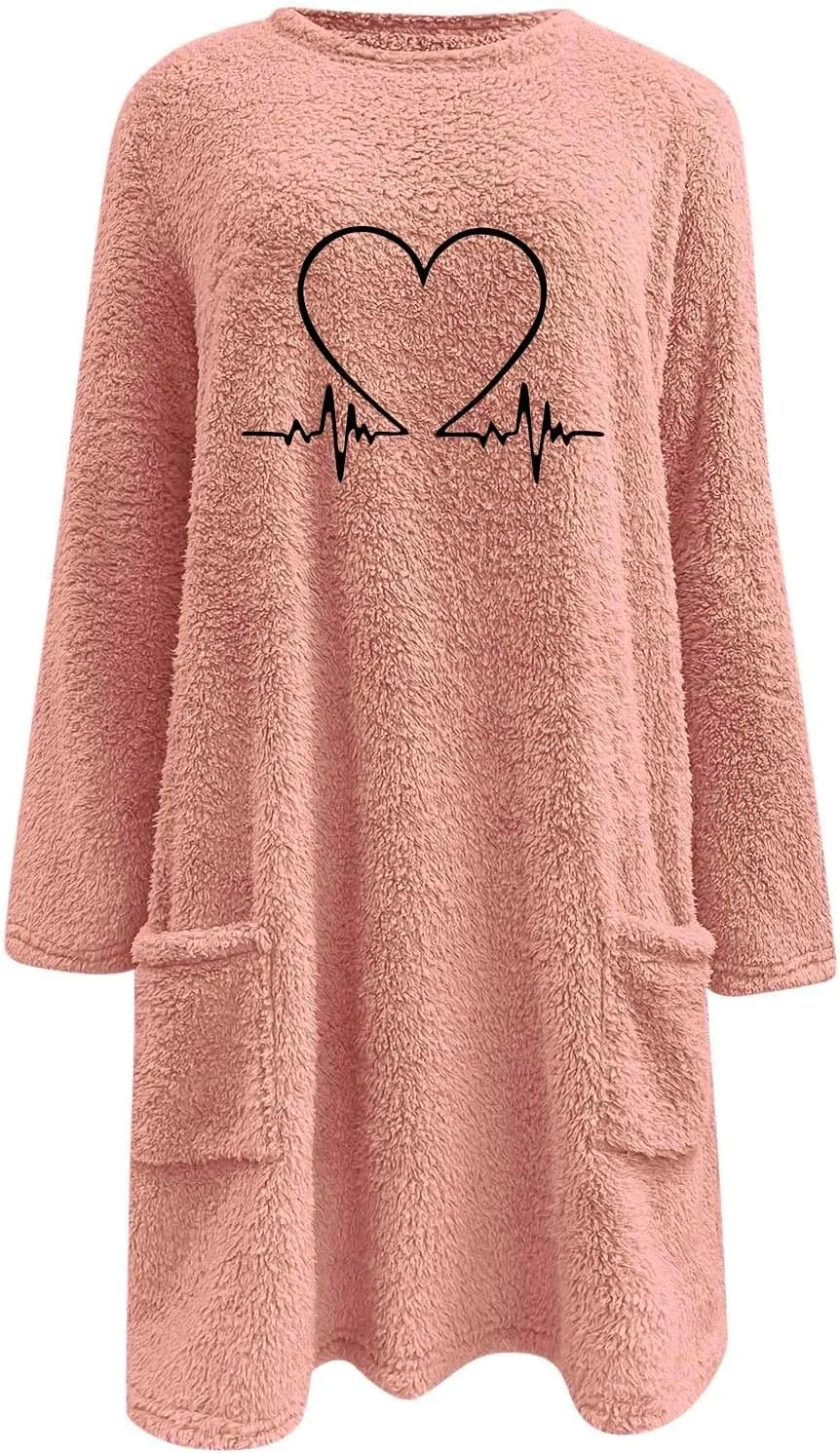Women's Sherpa Sweatshirts Pockets Casual Pullover Sweaters Long Sleeve Heart Printed Coral Fleece Warm Winter Tops