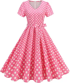 Womens Short Sleeve Vintage Dresses Crewneck Flowy Retro Short Dress Elegant Solid Color Pleated Dress