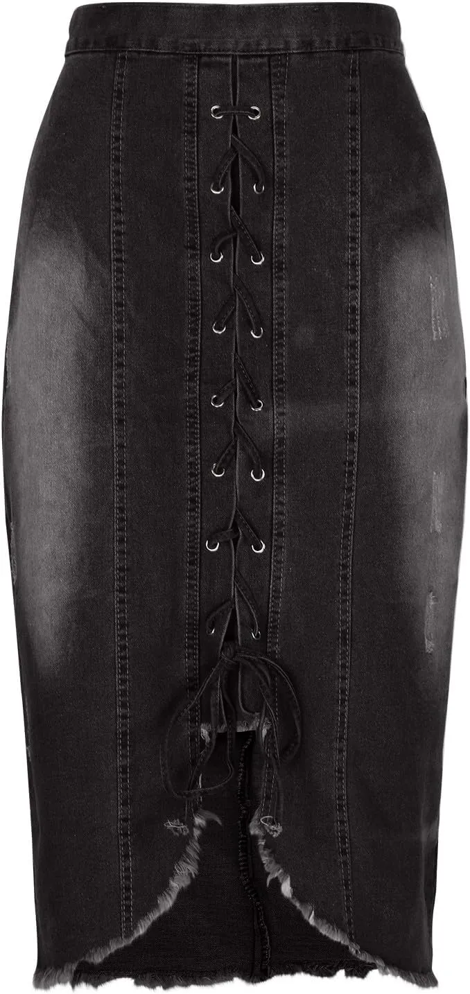 Women's Skirt Denim Skirt Summer Trendy Laceup Slit Front Bodycon Jean Skirts Casual High Waisted Slim Pencil Skirt