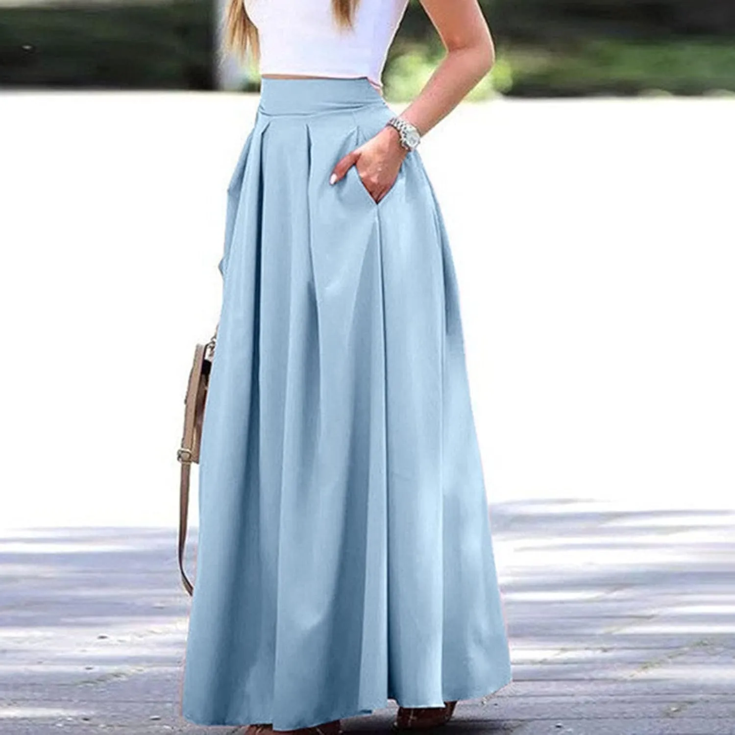 Womens Skirt for Going Out Summer Pleated High Elastic Waist Solid Color A-Line Long Maxi Skirts for Women Trendy