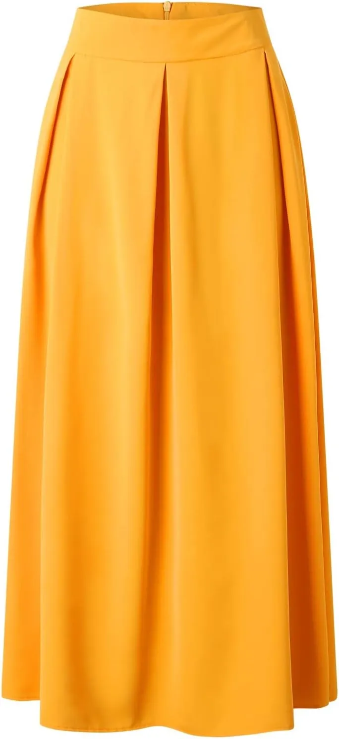 Womens Skirt for Going Out Summer Pleated High Elastic Waist Solid Color A-Line Long Maxi Skirts for Women Trendy