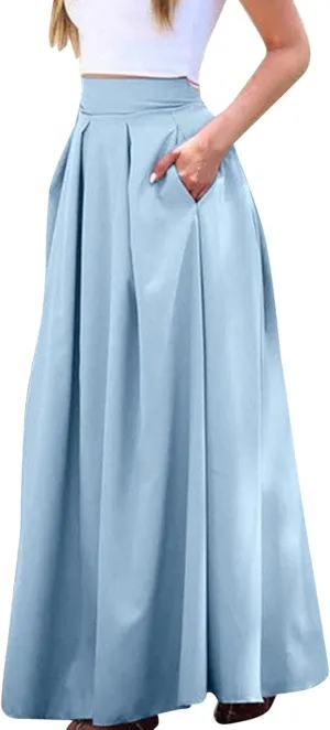 Womens Skirt for Going Out Summer Pleated High Elastic Waist Solid Color A-Line Long Maxi Skirts for Women Trendy