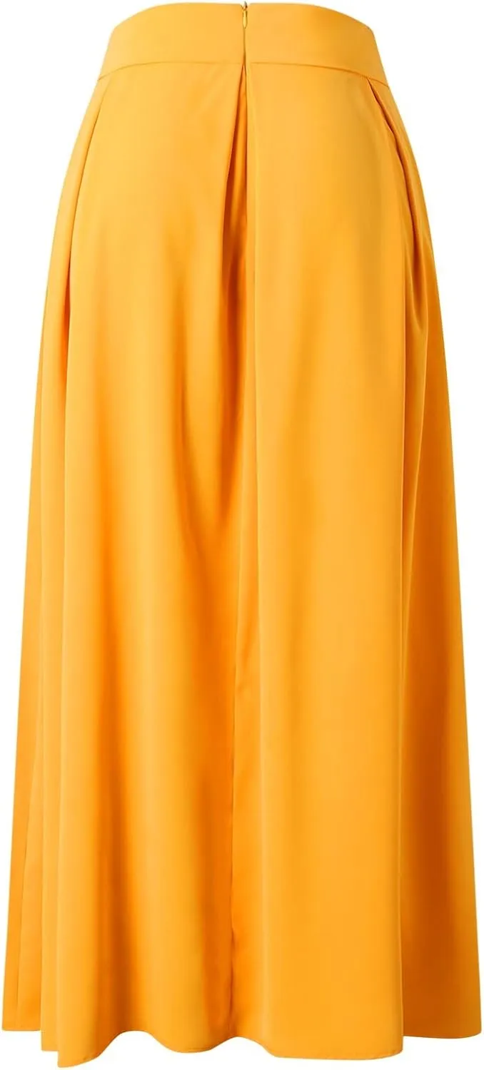 Womens Skirt for Going Out Summer Pleated High Elastic Waist Solid Color A-Line Long Maxi Skirts for Women Trendy