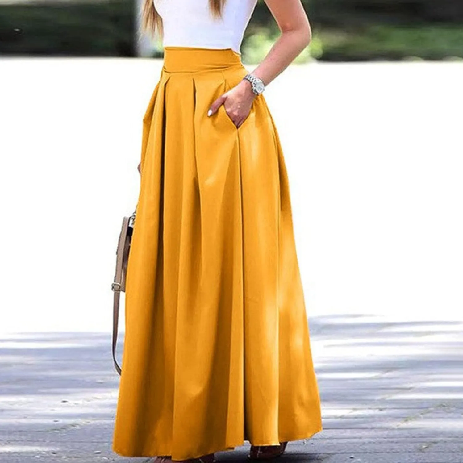 Womens Skirt for Going Out Summer Pleated High Elastic Waist Solid Color A-Line Long Maxi Skirts for Women Trendy