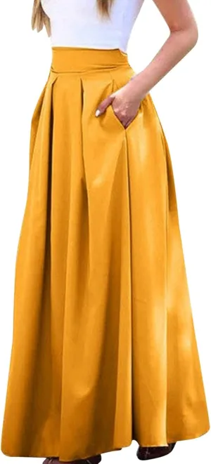 Womens Skirt for Going Out Summer Pleated High Elastic Waist Solid Color A-Line Long Maxi Skirts for Women Trendy