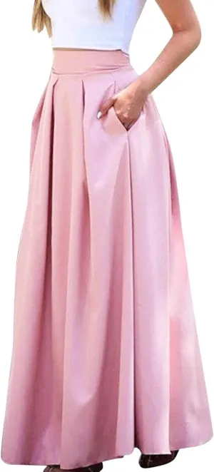 Womens Skirt for Going Out Summer Pleated High Elastic Waist Solid Color A-Line Long Maxi Skirts for Women Trendy