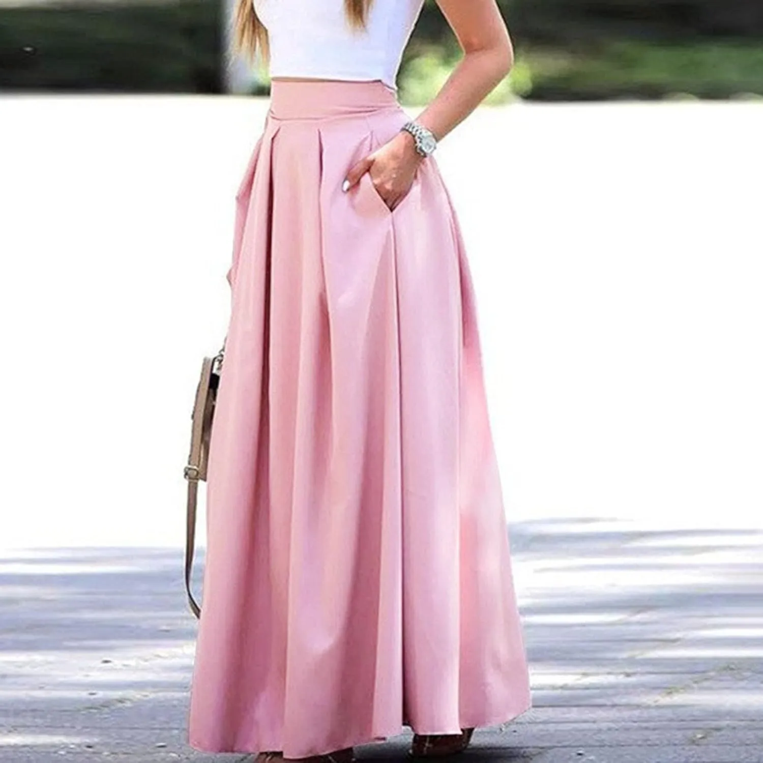 Womens Skirt for Going Out Summer Pleated High Elastic Waist Solid Color A-Line Long Maxi Skirts for Women Trendy