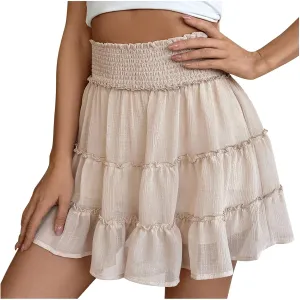 Women's Skirt with Shorts Elastic Waist Pleated Layer Ruffle Hem Short Skirt Casual Fashion Flowy Beach A Line Skort