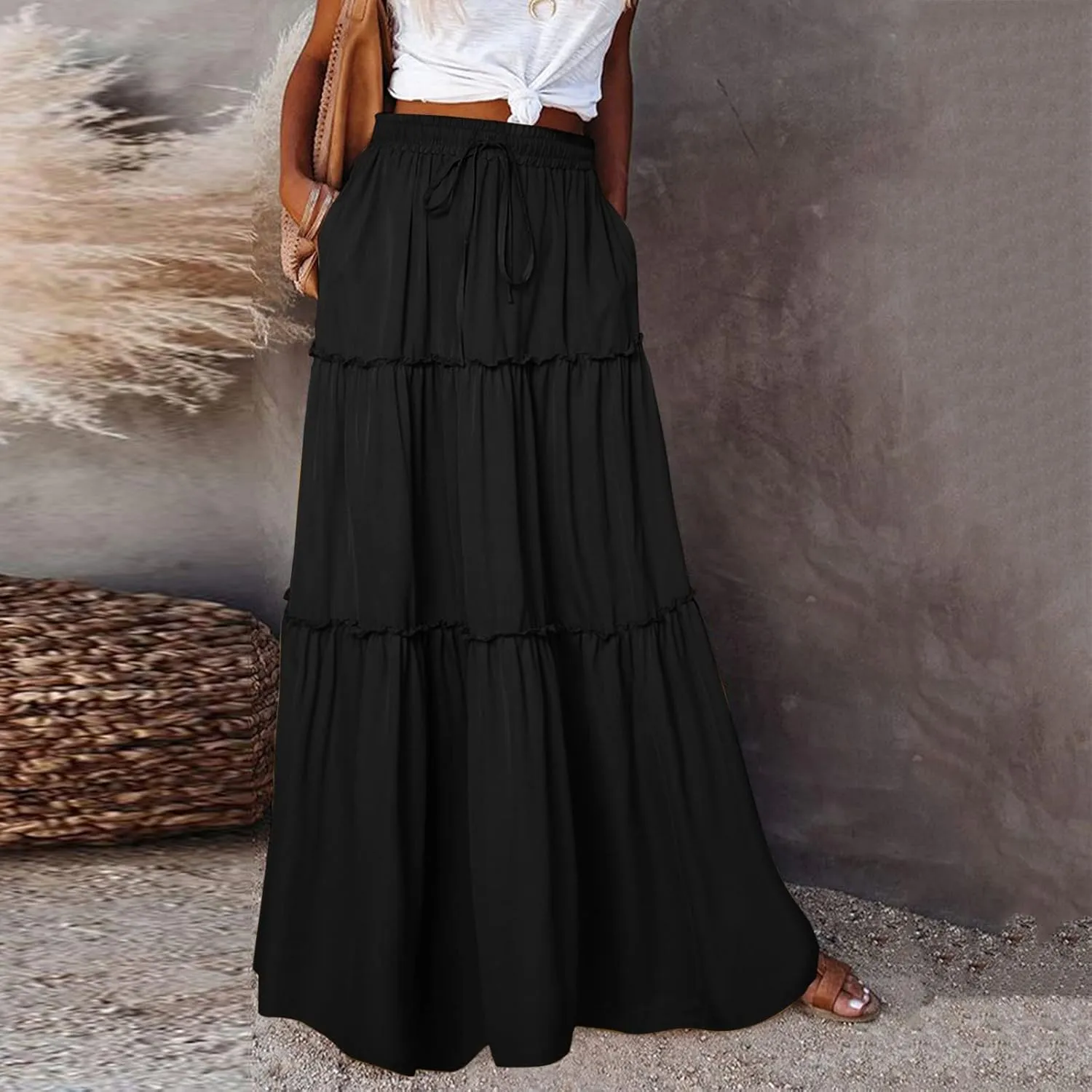 Womens Skirts for Summer Lightweight High Waist Drawstring Elastic Ruffle Hem A-Line Casual Long Skirts for Women