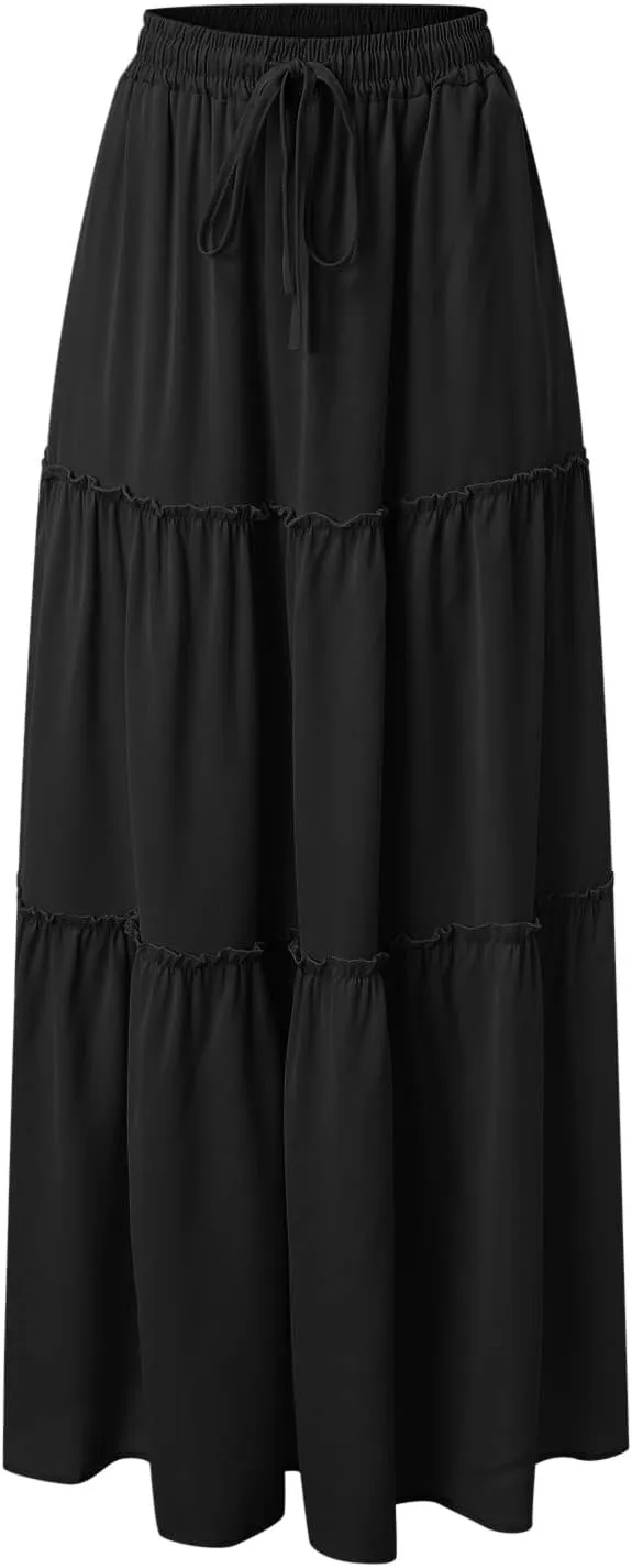 Womens Skirts for Summer Lightweight High Waist Drawstring Elastic Ruffle Hem A-Line Casual Long Skirts for Women