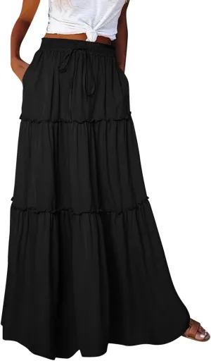 Womens Skirts for Summer Lightweight High Waist Drawstring Elastic Ruffle Hem A-Line Casual Long Skirts for Women