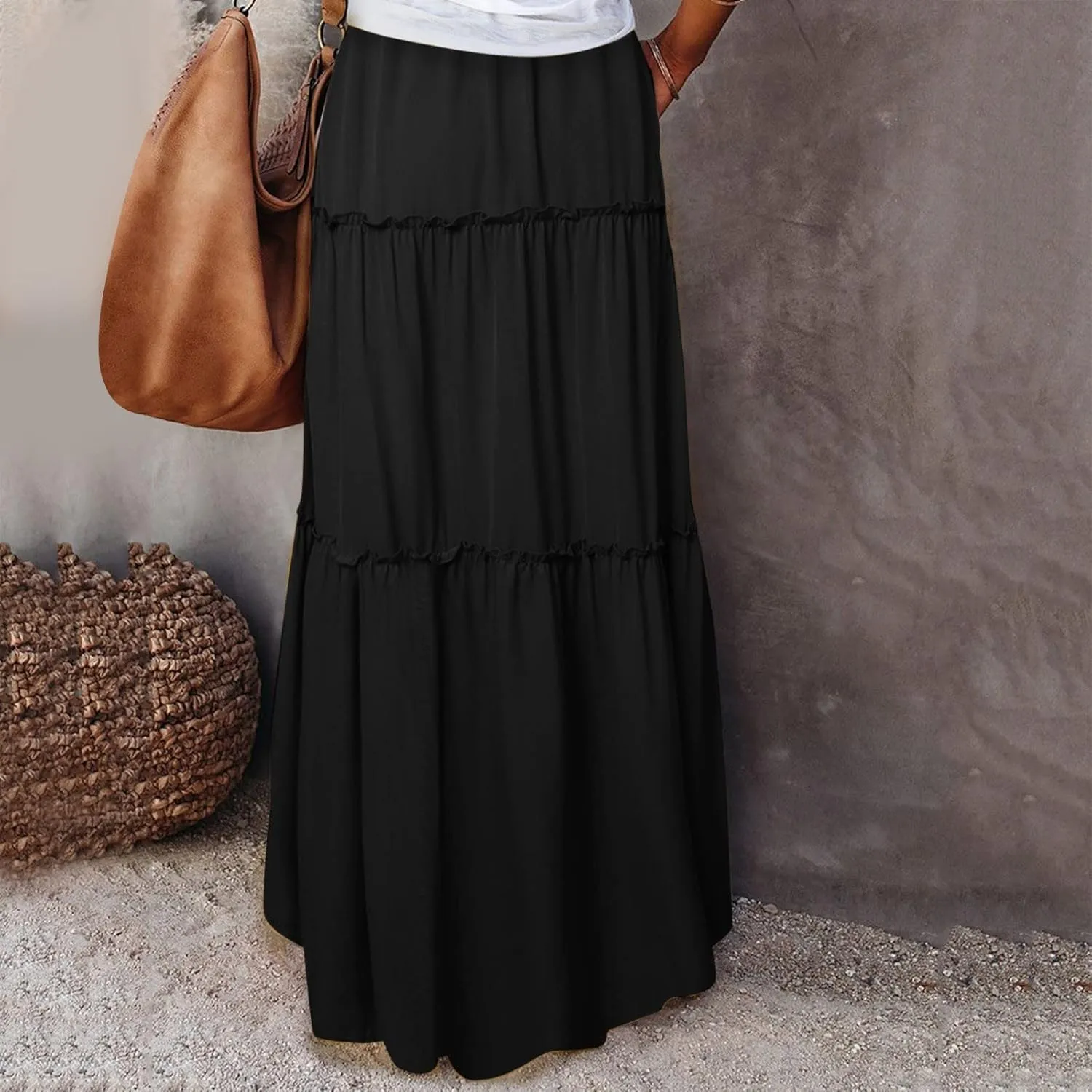 Womens Skirts for Summer Lightweight High Waist Drawstring Elastic Ruffle Hem A-Line Casual Long Skirts for Women