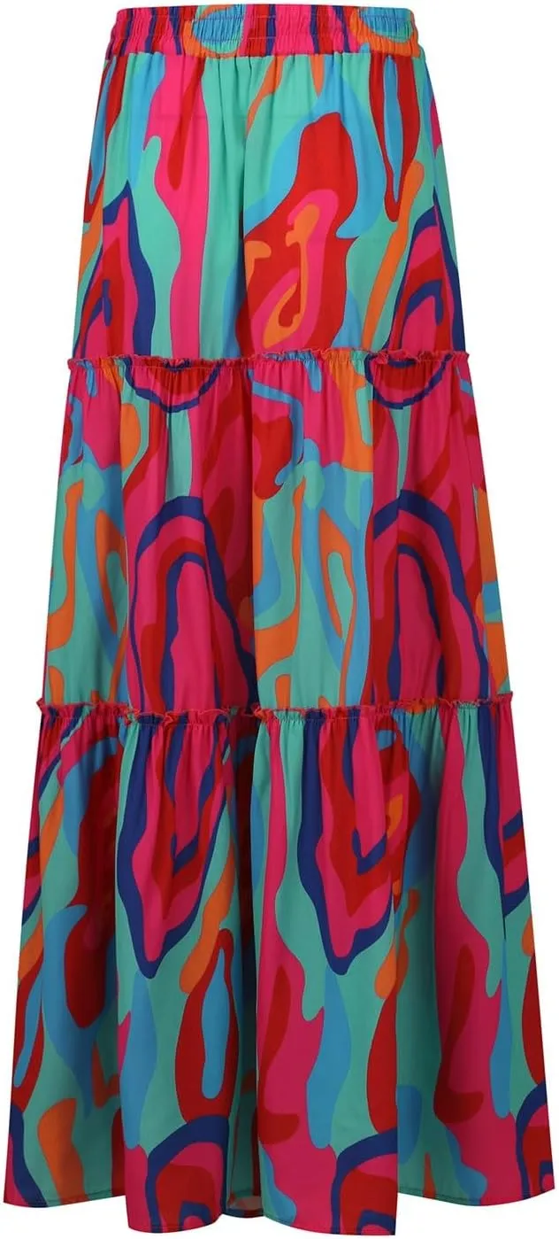 Womens Skirts Summer Flowy Maxi Skirt Drawstring High Waisted Ruffle Tiered A-Line Skirts Y2K Skirt Long with Pockets