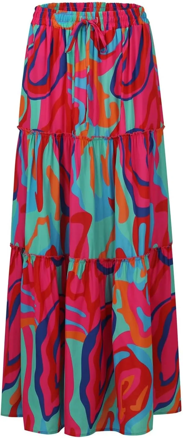 Womens Skirts Summer Flowy Maxi Skirt Drawstring High Waisted Ruffle Tiered A-Line Skirts Y2K Skirt Long with Pockets