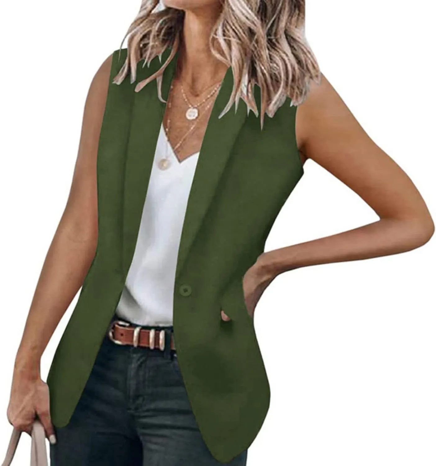 Women's Sleeveless Lapel Blazers Lightweight Slim Fit Vest Casual Business Open Front Outwear with Pocket