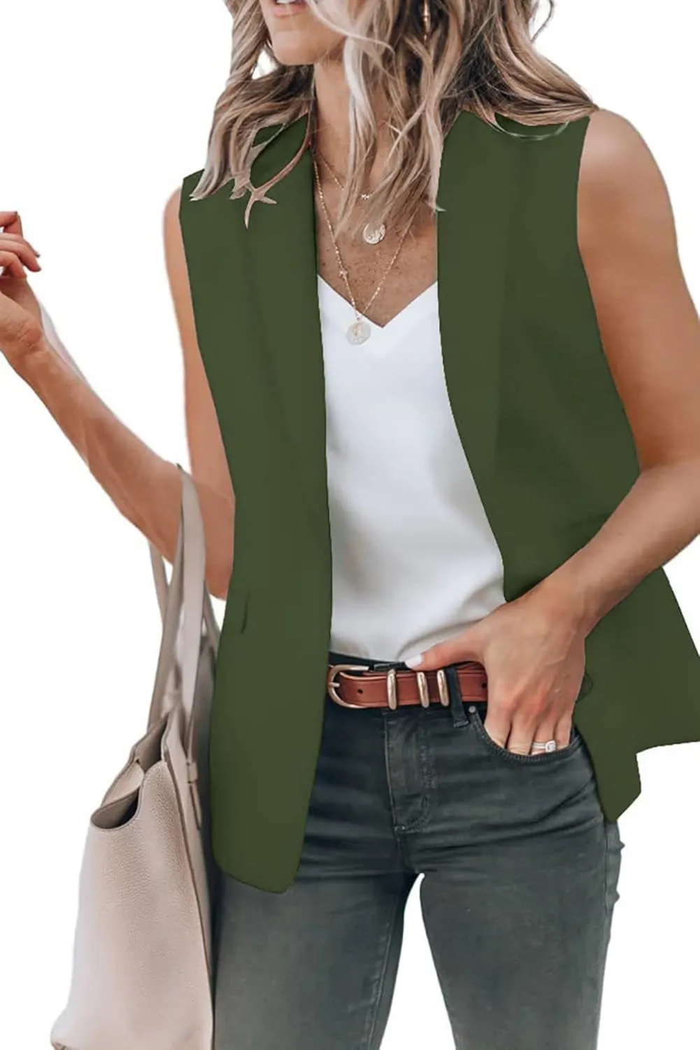 Women's Sleeveless Lapel Blazers Lightweight Slim Fit Vest Casual Business Open Front Outwear with Pocket