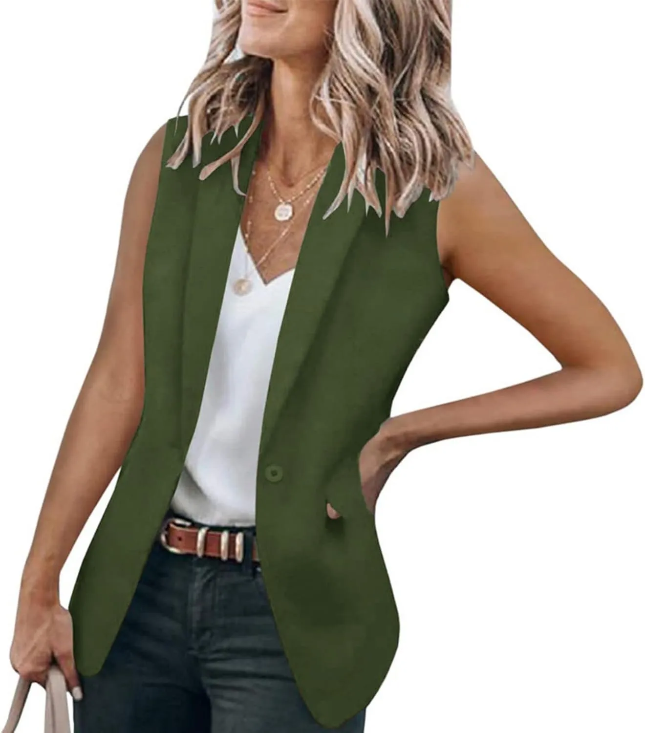 Women's Sleeveless Lapel Blazers Lightweight Slim Fit Vest Casual Business Open Front Outwear with Pocket