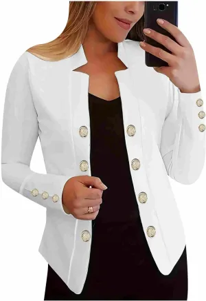 Womens Solid Color Business Casual Blazer Jacket Open Front Blazer Work Fall Gold Button Lapel Long Sleeve Suit
