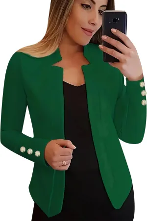 Womens Solid Color Business Casual Blazer Jacket Open Front Blazer Work Fall Gold Button Lapel Long Sleeve Suit
