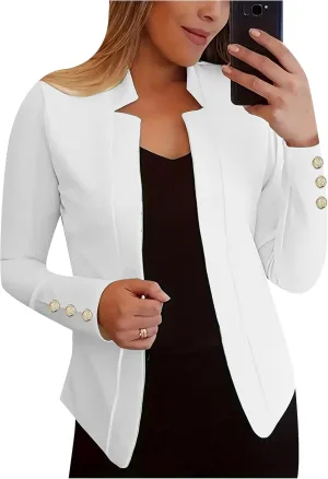 Womens Solid Color Business Casual Blazer Jacket Open Front Blazer Work Fall Gold Button Lapel Long Sleeve Suit