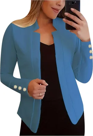 Womens Solid Color Business Casual Blazer Jacket Open Front Blazer Work Fall Gold Button Lapel Long Sleeve Suit