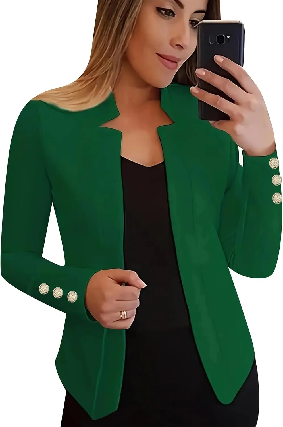 Womens Solid Color Business Casual Blazer Jacket Open Front Blazer Work Fall Gold Button Lapel Long Sleeve Suit