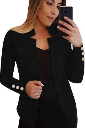 Womens Solid Color Business Casual Blazer Jacket Open Front Blazer Work Fall Gold Button Lapel Long Sleeve Suit