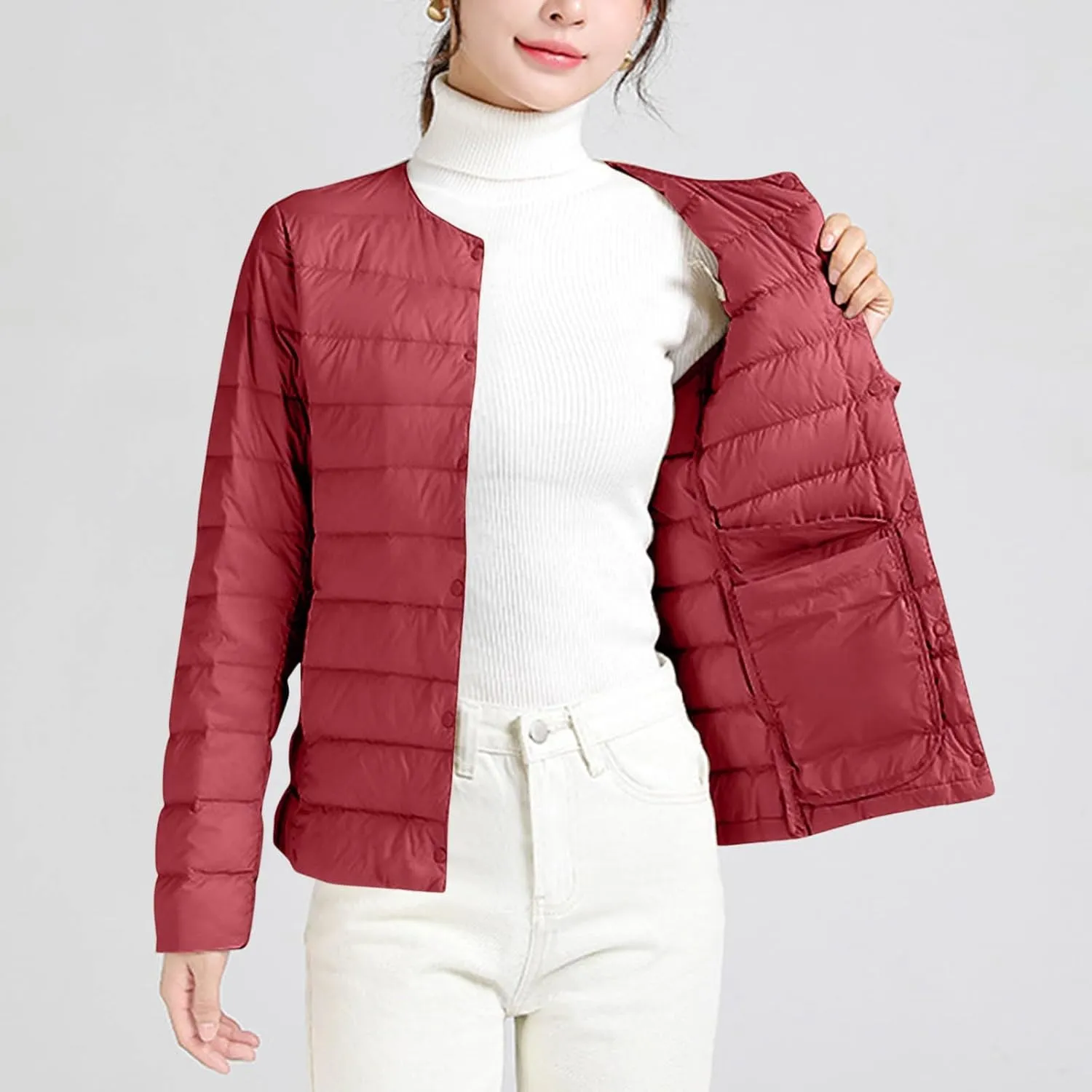 Women's Solid Color Lightweight Down Jacket Round Neck Short Jacket Long Sleeved Puffer Jacket Duck Winter caots