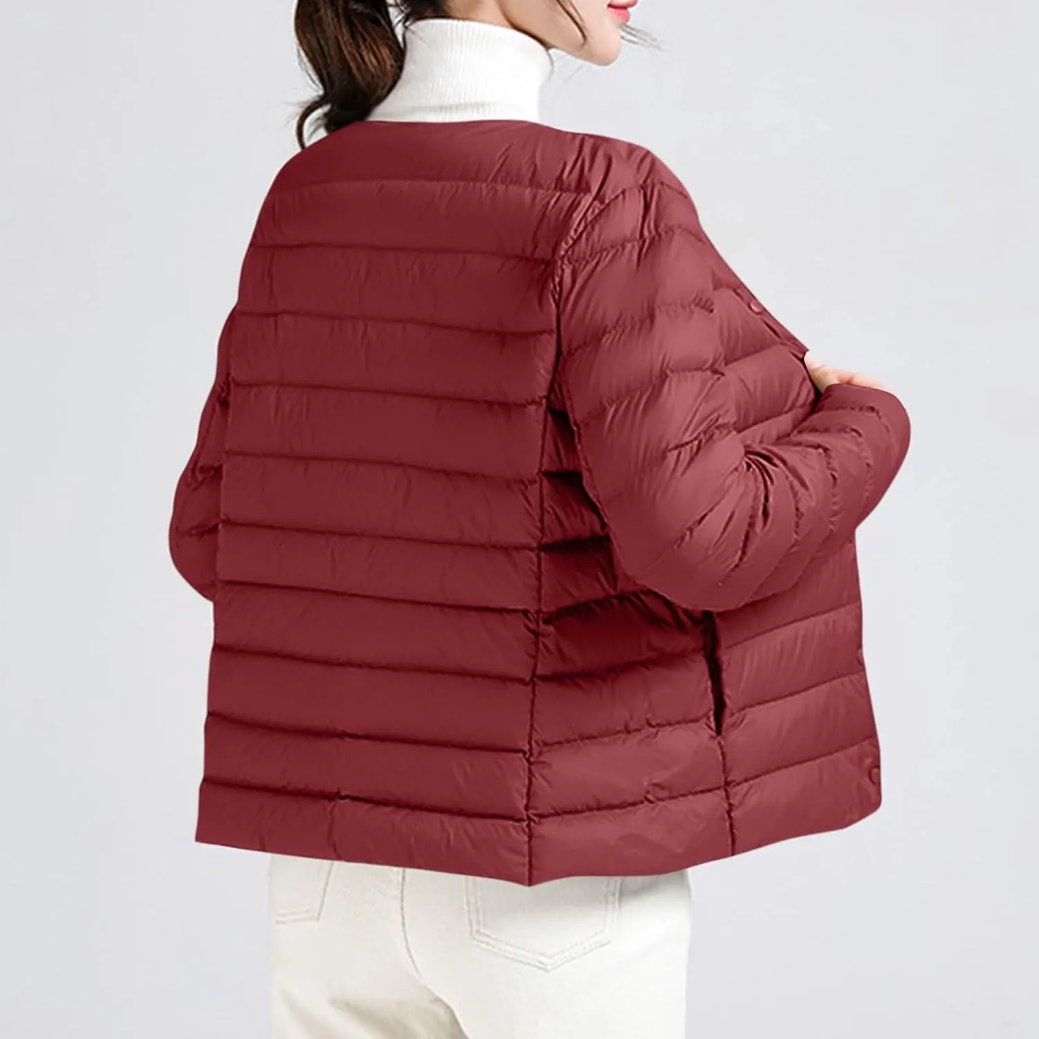 Women's Solid Color Lightweight Down Jacket Round Neck Short Jacket Long Sleeved Puffer Jacket Duck Winter caots
