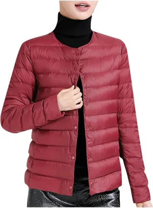 Women's Solid Color Lightweight Down Jacket Round Neck Short Jacket Long Sleeved Puffer Jacket Duck Winter caots