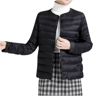 Women's Solid Color Lightweight Down Jacket Round Neck Short Jacket Long Sleeved Puffer Jacket Duck Winter caots