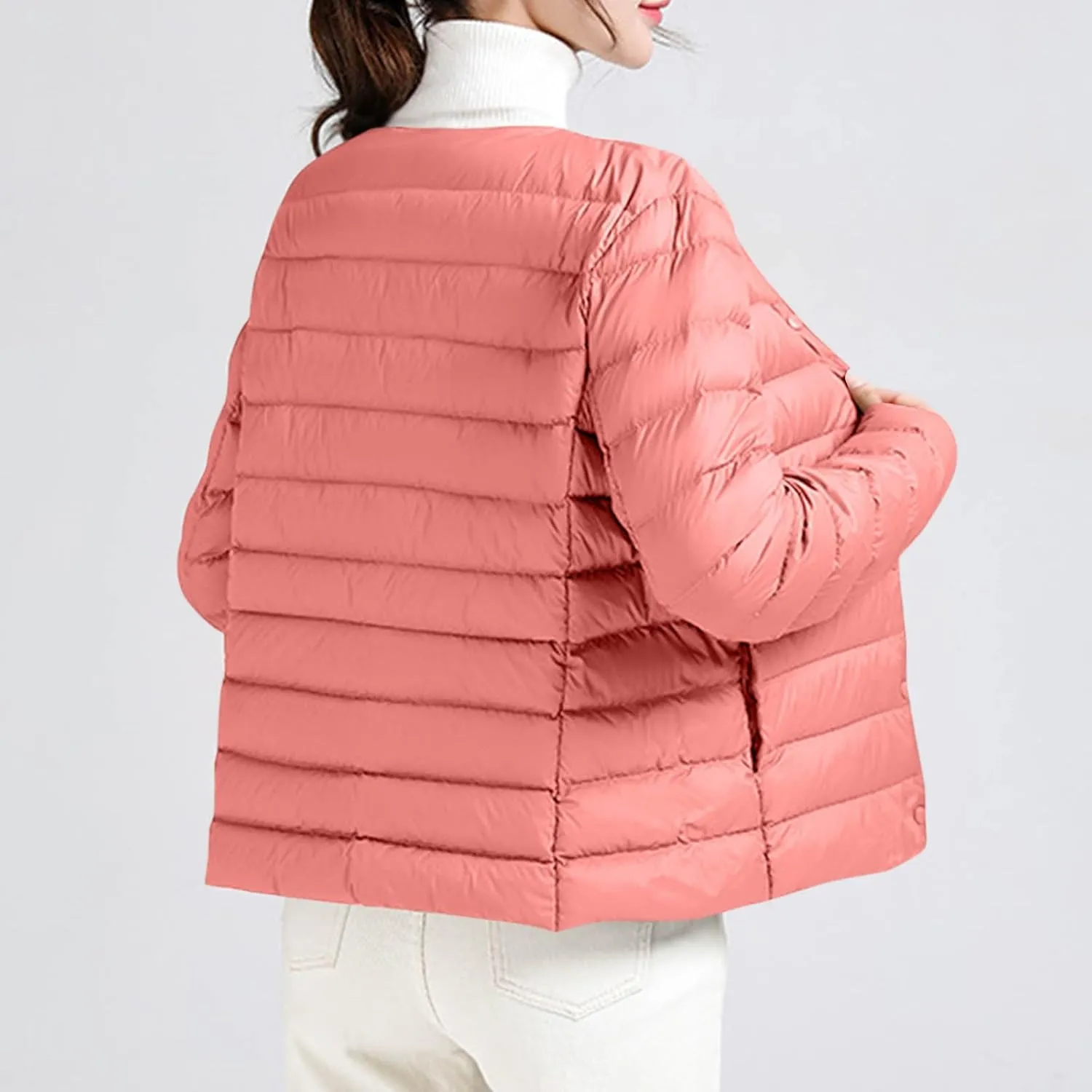Women's Solid Color Lightweight Down Jacket Round Neck Short Jacket Long Sleeved Puffer Jacket Duck Winter caots