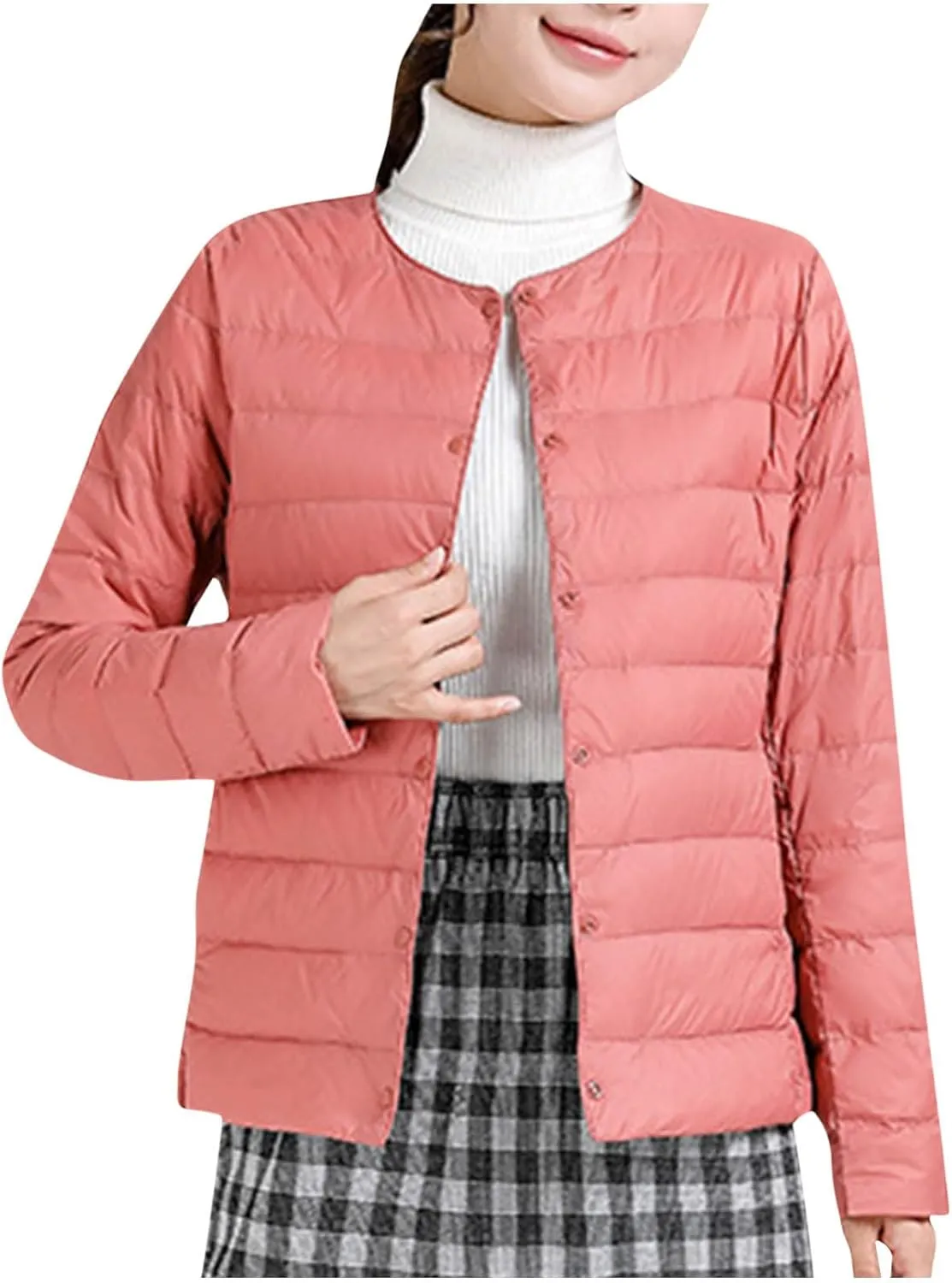 Women's Solid Color Lightweight Down Jacket Round Neck Short Jacket Long Sleeved Puffer Jacket Duck Winter caots