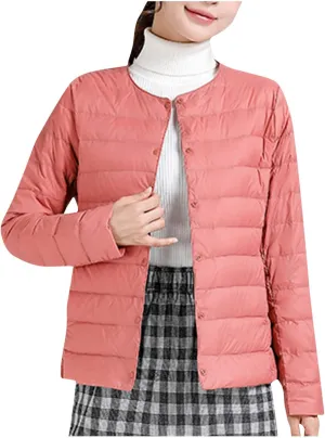 Women's Solid Color Lightweight Down Jacket Round Neck Short Jacket Long Sleeved Puffer Jacket Duck Winter caots