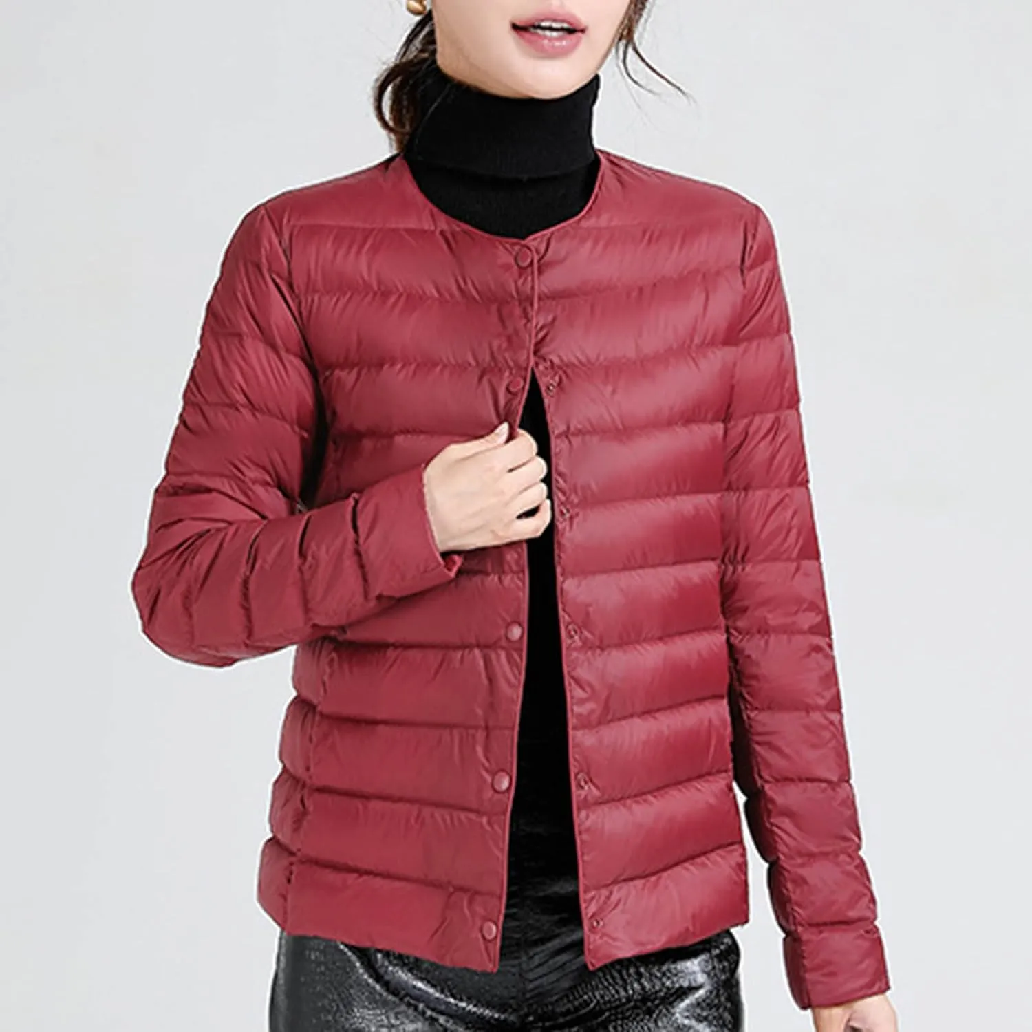 Women's Solid Color Lightweight Down Jacket Round Neck Short Jacket Long Sleeved Puffer Jacket Duck Winter caots