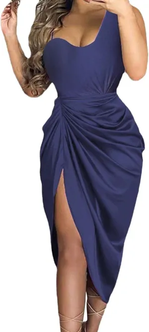 Women's Solid Color Sexy Slit Long Skirt Pleated Single Shoulder Evening Dress Casual Skirt Cocktail Dresses