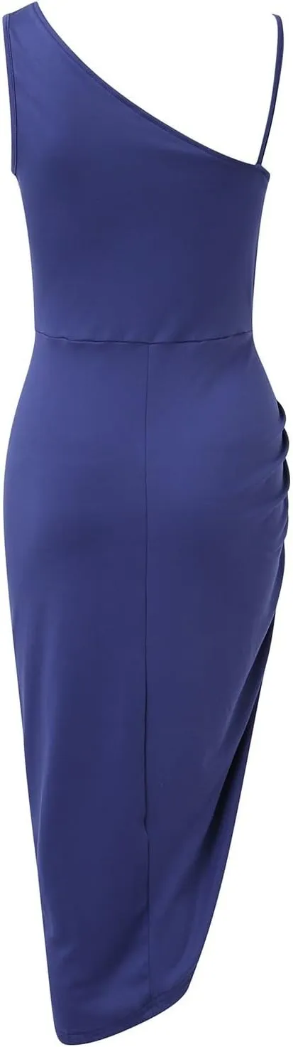 Women's Solid Color Sexy Slit Long Skirt Pleated Single Shoulder Evening Dress Casual Skirt Cocktail Dresses
