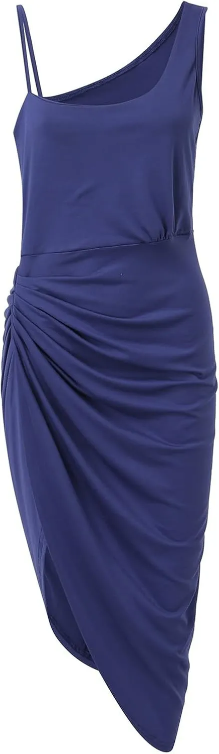 Women's Solid Color Sexy Slit Long Skirt Pleated Single Shoulder Evening Dress Casual Skirt Cocktail Dresses