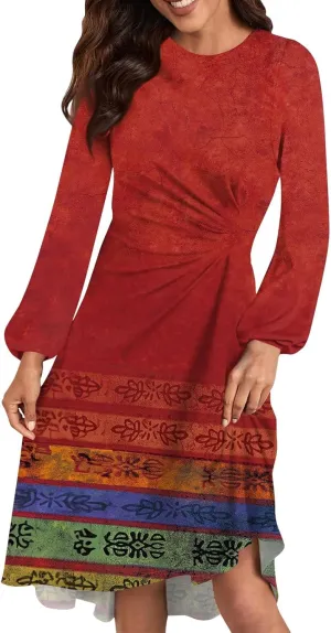 Womens Spring Fashion 2025 Dress Long Sleeve Midi O Neck Cute Boho Work Elegant Fitted Cruise Dress