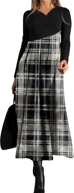 Womens Spring Fashion 2025 Dress Long Sleeve V Neck Midi Trendy Summer Boho Flowy Western Office Dress