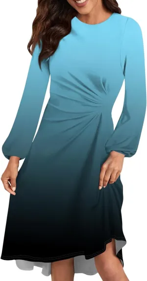 Womens Spring Fashion 2025 Dress Midi O Neck Long Sleeve Elegant Ladies Teens Casual Curvy Dressy Dress