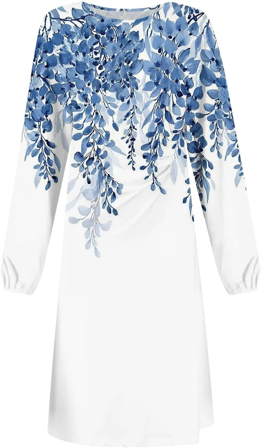 Womens Spring Fashion 2025 Dress Midi O Neck Long Sleeve Ladies Vacation Trendy Cute Dressy Holiday Dress
