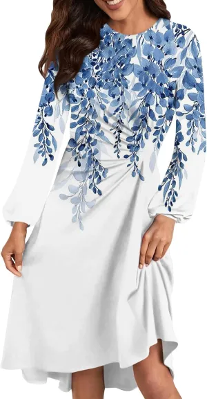 Womens Spring Fashion 2025 Dress Midi O Neck Long Sleeve Ladies Vacation Trendy Cute Dressy Holiday Dress