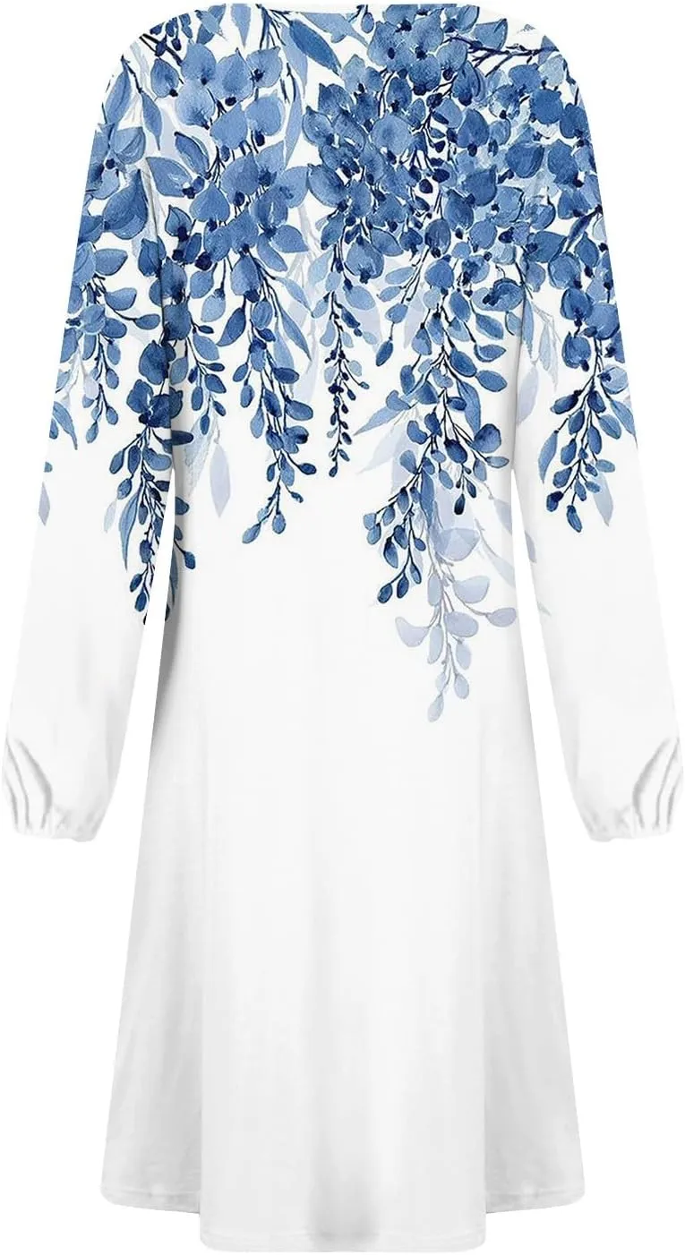 Womens Spring Fashion 2025 Dress Midi O Neck Long Sleeve Ladies Vacation Trendy Cute Dressy Holiday Dress
