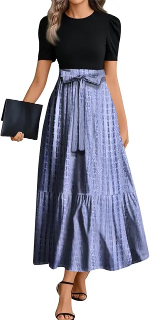 Women's Spring Summer Short Sleeve Cowl Neck Ruched Waist A Line Midi Dresses Party Cocktail Dress