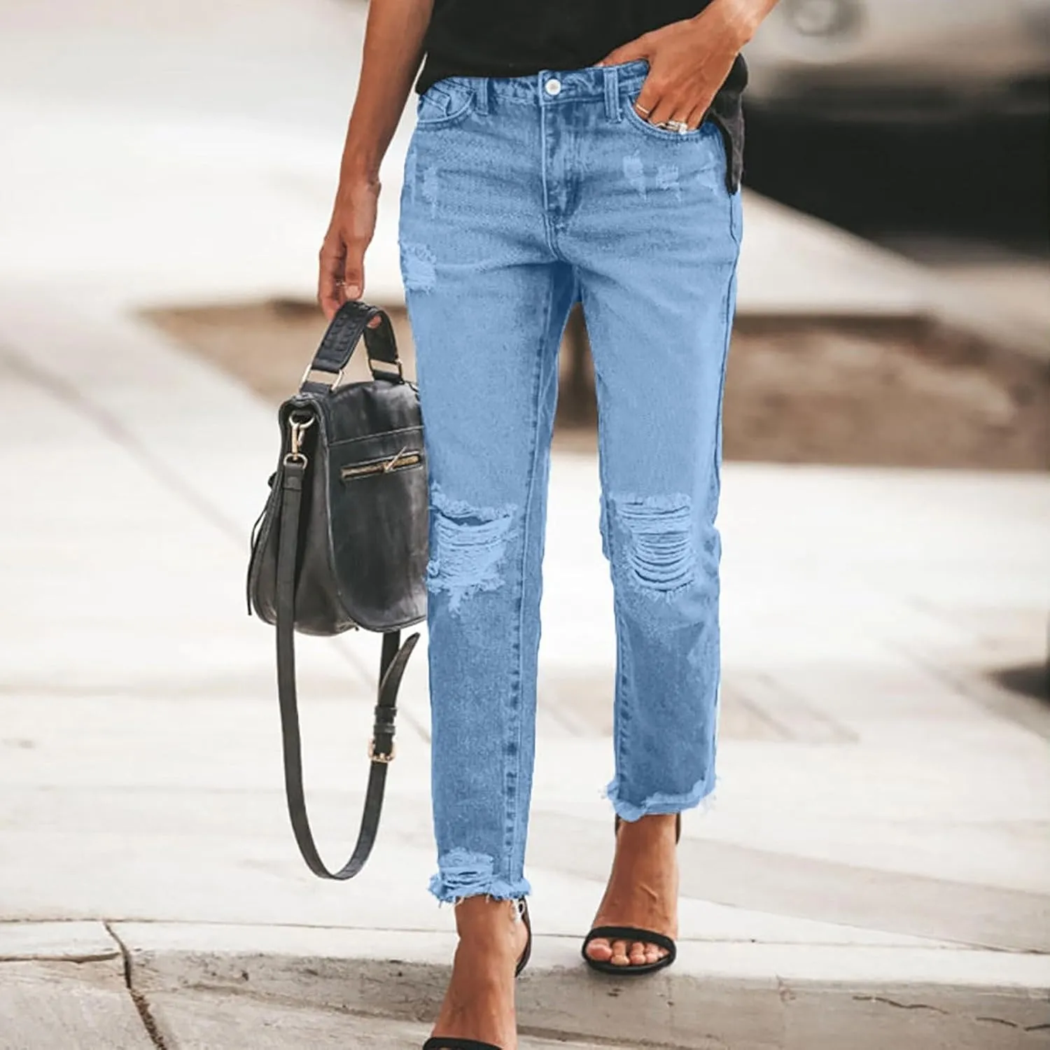 Women's Straight Leg Skinny Ripped Trendy Jeans Distressed High Waisted Stretchy Cropped Denim Baggy Pants Y2K 90s