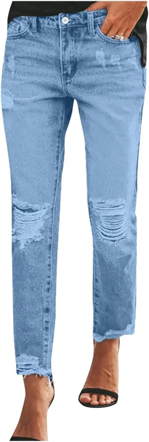 Women's Straight Leg Skinny Ripped Trendy Jeans Distressed High Waisted Stretchy Cropped Denim Baggy Pants Y2K 90s